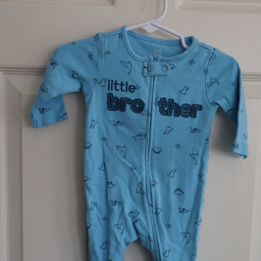 Carter's "Little Brother" light blue footed sleeper. Dinosaur pattern